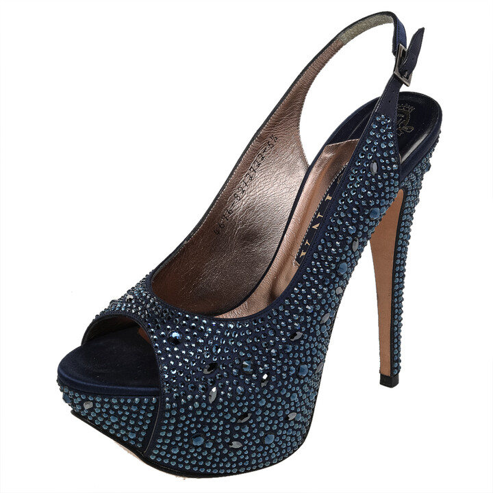 Gina Navy Blue Satin Crystal Embellished Platform Peep Toe Slingback  Sandals Size 38.5 - ShopStyle
