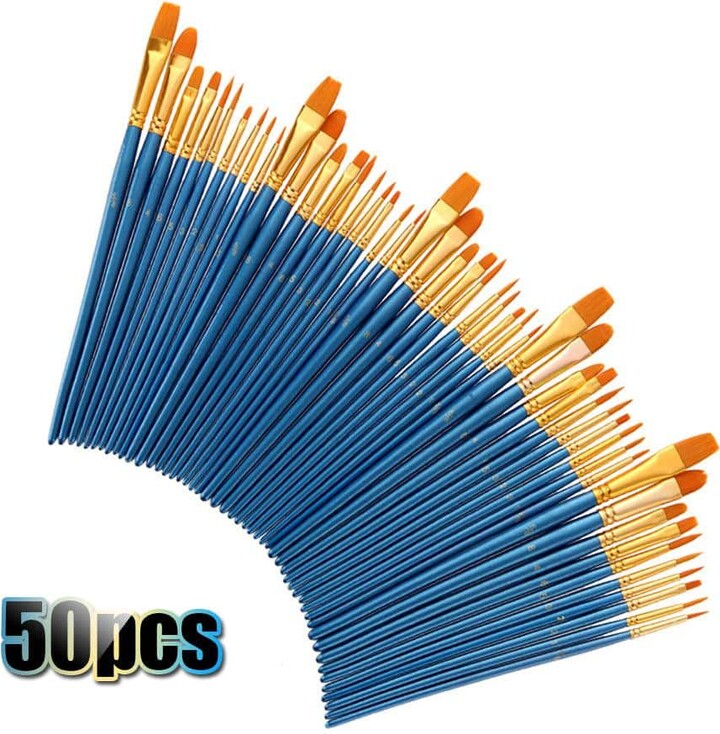 Dyiom 50 Pcs Nylon Hair Paint Brush Set Artist Paintbrush Lot Multiple Mediums Brushes for Watercolor Gouache Oil Painting
