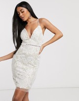 love triangle plunge front 3d applique cami midi dress in white