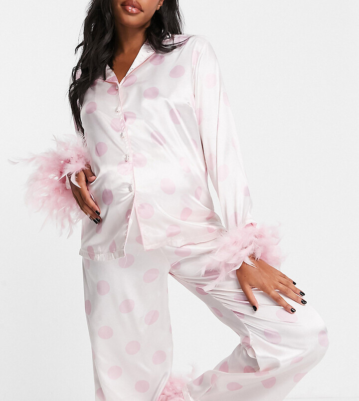 NIGHT Maternity satin pyjamas with detachable faux feather trim in cream  and pink spot - ShopStyle