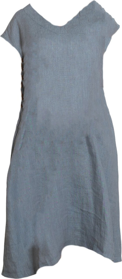 Nikka Place Linen Midi Maternity Dress With Short Sleeves And V-Neck In Dusty Blue