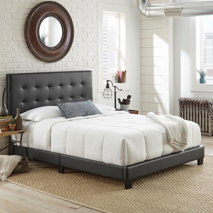 Boyd Sleep Roma Upholstered Tufted Faux Leather Platform Bed Frame with Bonus Base Wooden Slat System, Queen, Black