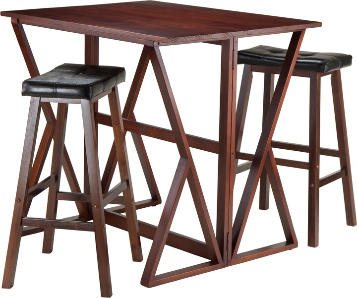 Winsome Harrington 3-Pc Set, Drop Leaf Table & 2 Cushion Saddle Seat Bar Stools, Black/Walnut Finish