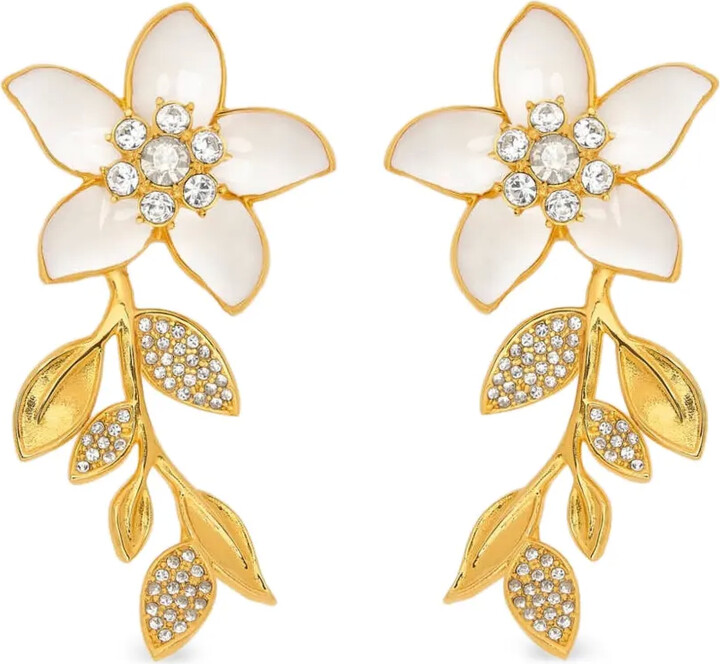 Oscar de la Renta Flower-Leaf Crystal-Embellished Earrings