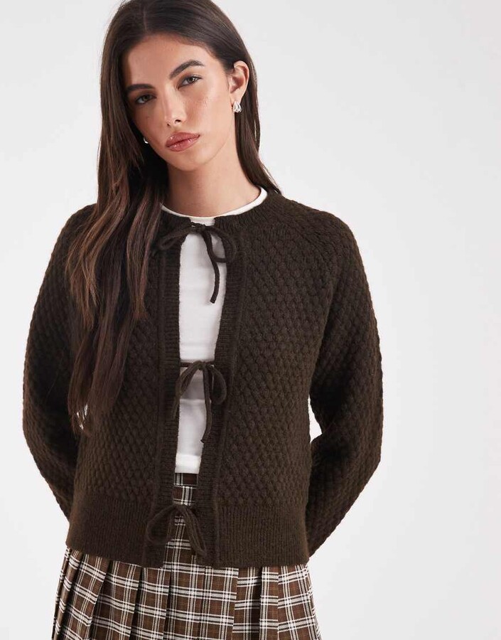 Threadbare tie front knit cardigan in chocolate brown