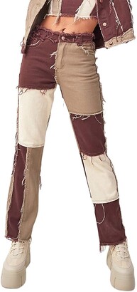 Trieksull Women's Patchwork Pants Hight Waist Distressed Straight Wide Leg Denim Jeans Fashion Pencil Trousers (XL