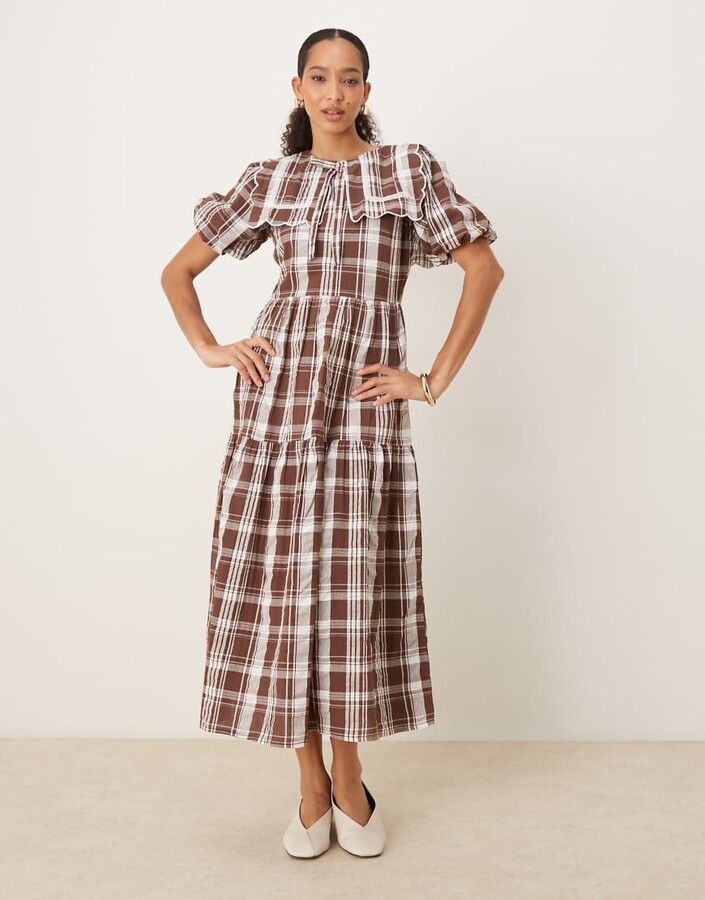 Neon Rose collar detail plaid print midaxi dress in beige
