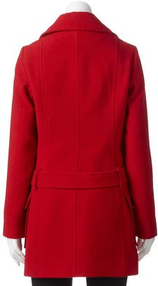 Faux wool funnel neck double-breasted belted coat - juniors