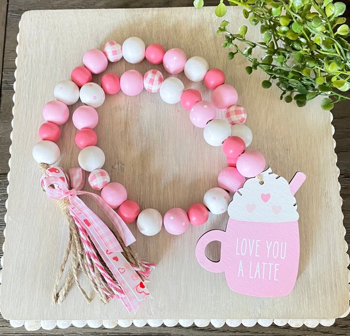 Etsy Farmhouse Valentine's Day Garland, Love You A Latte Wood Bead Tiered Tray Decor, Wooden Beads