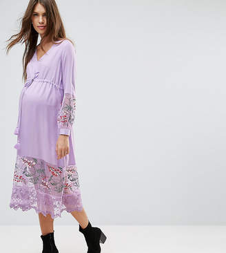 ASOS Maternity Midi Dress With Embroidery And Tie Detail