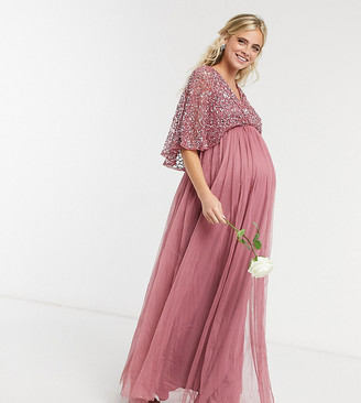 Maya Maternity bridesmaid cape detail wrap maxi dress in delicate sequin with tulle skirt in rose