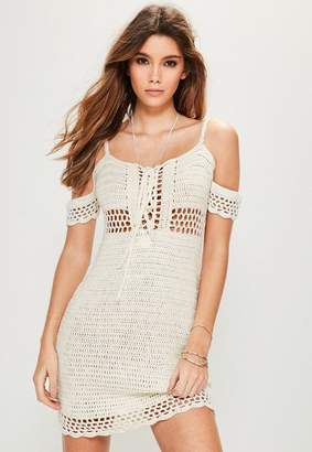 Missguided Petite Cream Supported Bardot Crochet Dress, White