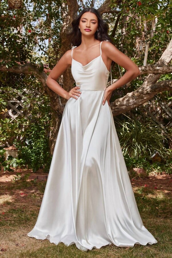 Ladivine Leg Slit Satin A-Line Dress In Off White