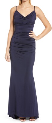 Eliza J Cowl Neck Ruched Jersey Gown