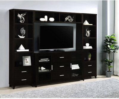 Latitude Run Cappuccino 3 Entertainment Unit, Featuring Two Cabinets, Four Height-Adjustable Shelves, And Smooth Drawer Operation Finish Center, Adjustable Euro Gl
