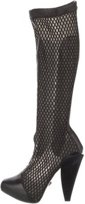 Versace Leather Knee-High Sock Boots Black & Neutrals Medusa Insignia Semi-Pointed Toes Platform Zip Closures at Shafts Unfortunately, due to restrictions, this item may not be eligible for shipping in all areas.