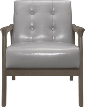 Mid-century Modern Solid Wood Accent Chair In Gray Faux Leather Cover Rubberwood With Upholstery And Button Front