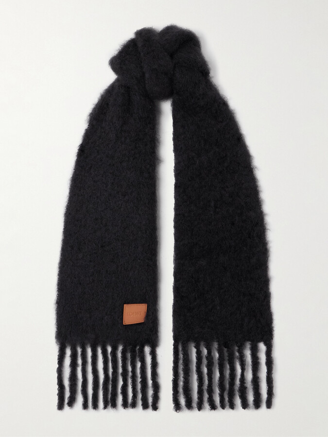 LOEWE - Fringed Appliquéd Leather-trimmed Brushed Mohair-blend Scarf - Black