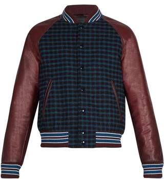 Prada - Leather Sleeve Checked Wool Bomber Jacket - Mens - Burgundy Multi