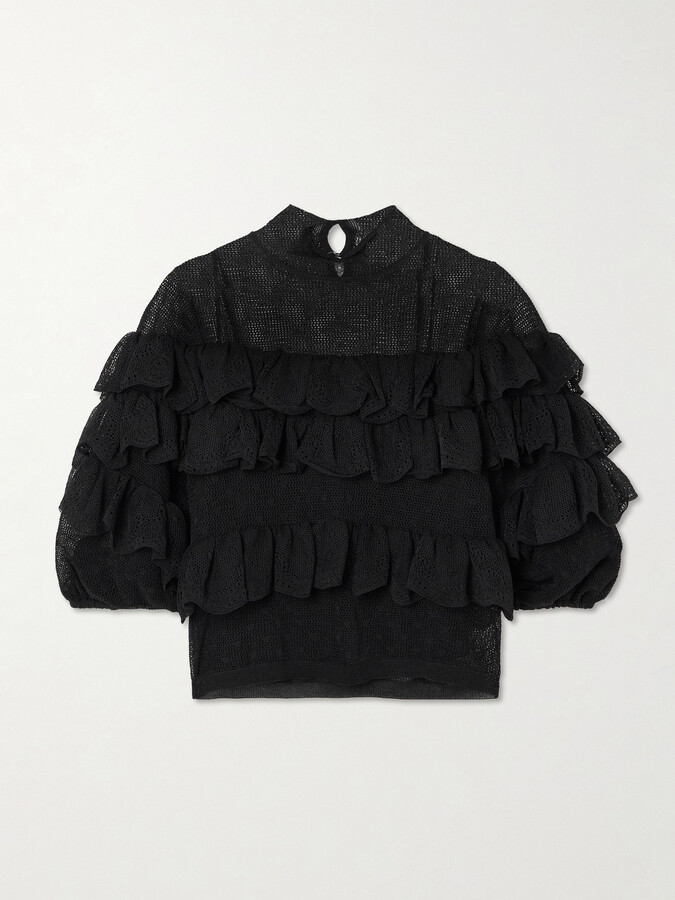 Ulla Johnson Corinna Ruffled Tiered Point D'esprit And Chantilly Lace Blouse - Black