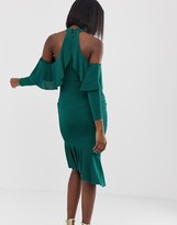Thumbnail for your product : ASOS DESIGN Maternity high neck ruffle cold shoulder midi dress with pep hem