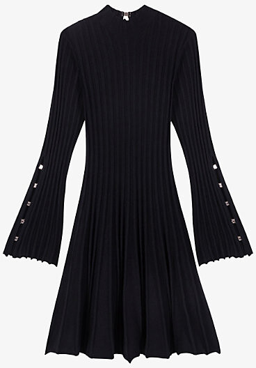 Womens Noir / Gris Flared-Cuff Long-Sleeve Stretch-Knit Mini Dress 10