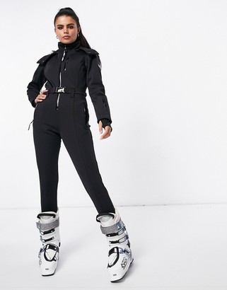 ASOS 4505 Petite ski fitted belted ski suit with fur faux hood