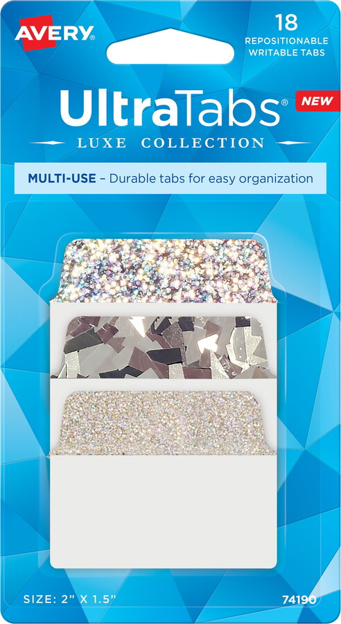 Avery Ultrabs Luxe, Multi-Use Style, 2" x 1.5", Film, Write-on Tab, Assorted Silver, 18 Tabs