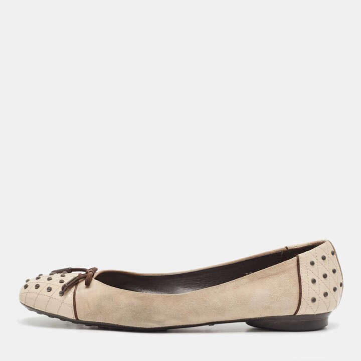 Tod's Two Tone Suede And Studded Leather Bow Ballet Flats