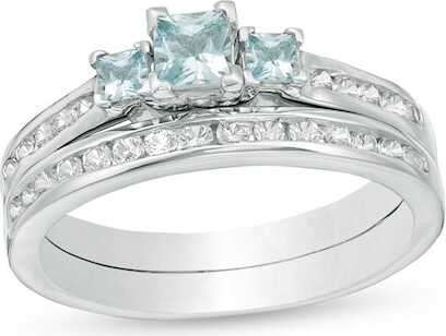 Zales Princess-Cut Aquamarine and Lab-Created White Sapphire Three Stone Bridal Set in Sterling Silver
