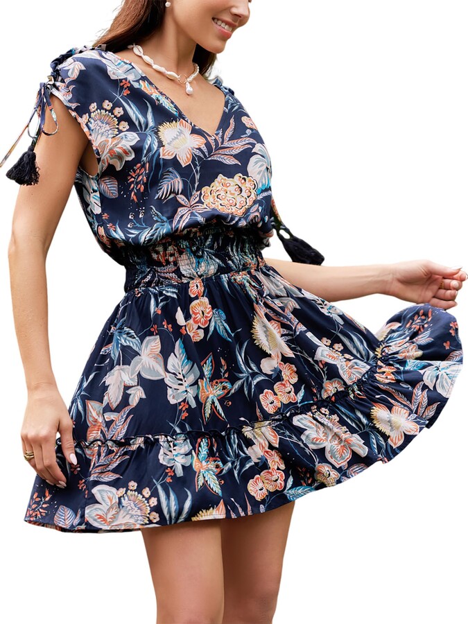CUPSHE Women's Mini Dress V Neck Tropical Smocked Waist Cap Sleeve