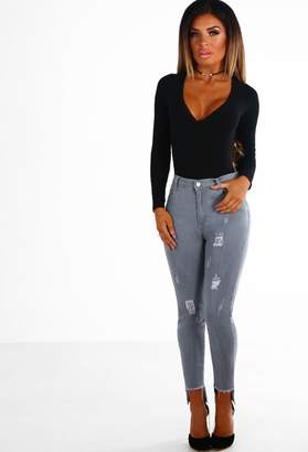 Pink Boutique Untouchable Grey Ripped Step Hem Skinny Jeans
