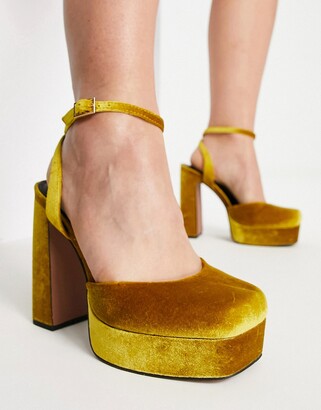 ASOS DESIGN Wide Fit Peaked platform high heeled shoes in mustard velvet