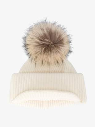 Inverni Neutral Ribbed Cashmere Hat with Visor and Fur Pom Pom
