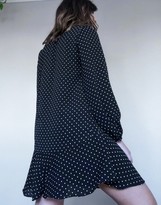 Thumbnail for your product : ASOS DESIGN long sleeve v neck mini dress with curved hem in mono spot