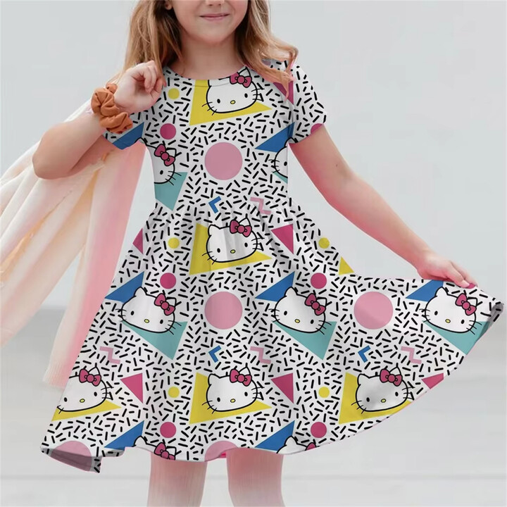 Disney Cartoon Cute Series 3D Hello Kitty Printed Girl & apos;s Dress MINISO Summer Fashion Short Sleeved Princess Dress