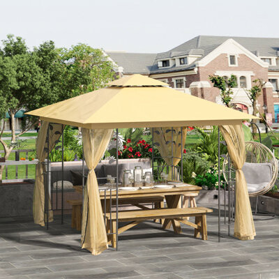XICHONGDIANSHANG 10' X 10' Metal Patio Gazebo Double Roof Outdoor Gazebo Canopy Shelter With Tree Motifs Corner Frame And Netting For Garden Lawn Backyard And Dec