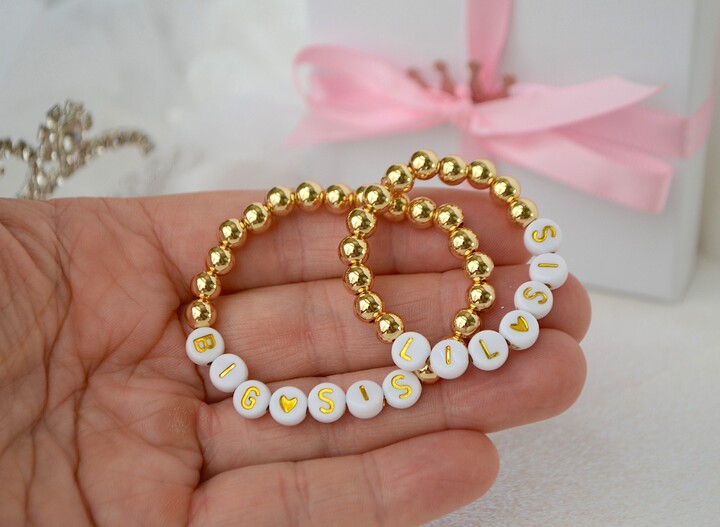 Etsy Big Sister Little Name Bracelets, 14K Gold Personalized Girls Bracelet, Baby Shower Gift, Jewelry, New Girl, Newborn