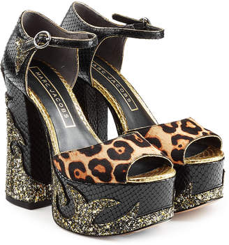Marc Jacobs Leather Platform Sandals with Calf Hair and Glitter