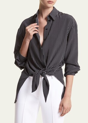Striped Tie-Front Silk Shirt