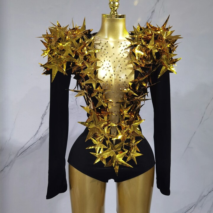 Shiny Gold Rhinestone Black Velvet Long Sleeve Bodysuit 2025 Women Evening Party Club Gala Hosts NightClub Bar Stage Costumes