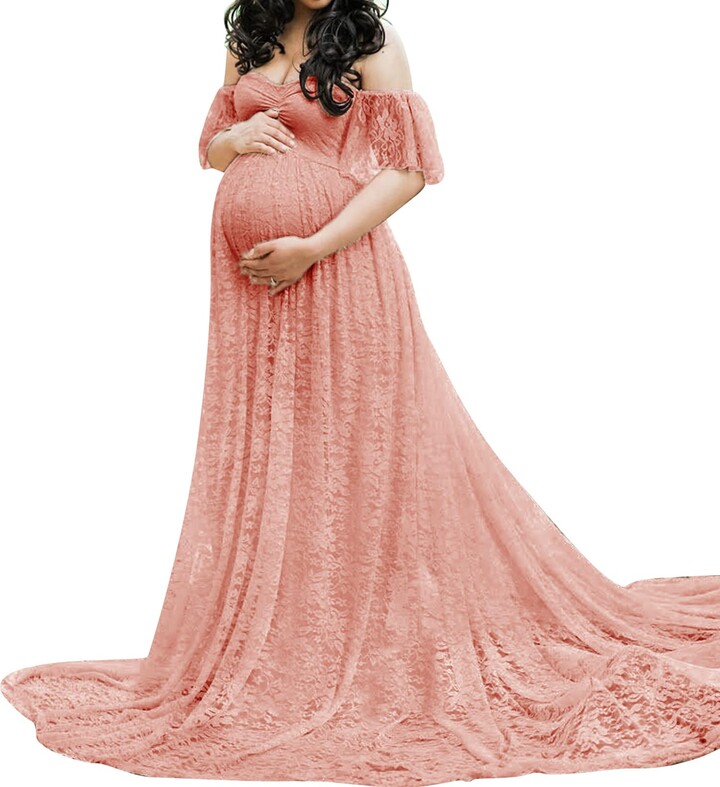 Women's Off Shoulder Sleeveless Maternity Gown Mermaid Maxi Photography  Dress for Baby Shower Photo Ruffled Nursing Props Dress 