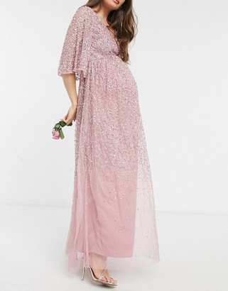 Maya Maternity Bridesmaid plunge front flutter sleeve delicate sequin maxi dress in pink