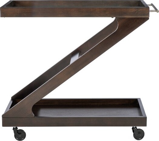 JepperdZ-ShapedSolidWoodandTemperedGlassTopRollingBarCartUmber-Powell:Mid-CenturyModern,2Shelves,MetalHardware