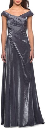 La Femme V-Neck Metallic Satin Ruched Gown