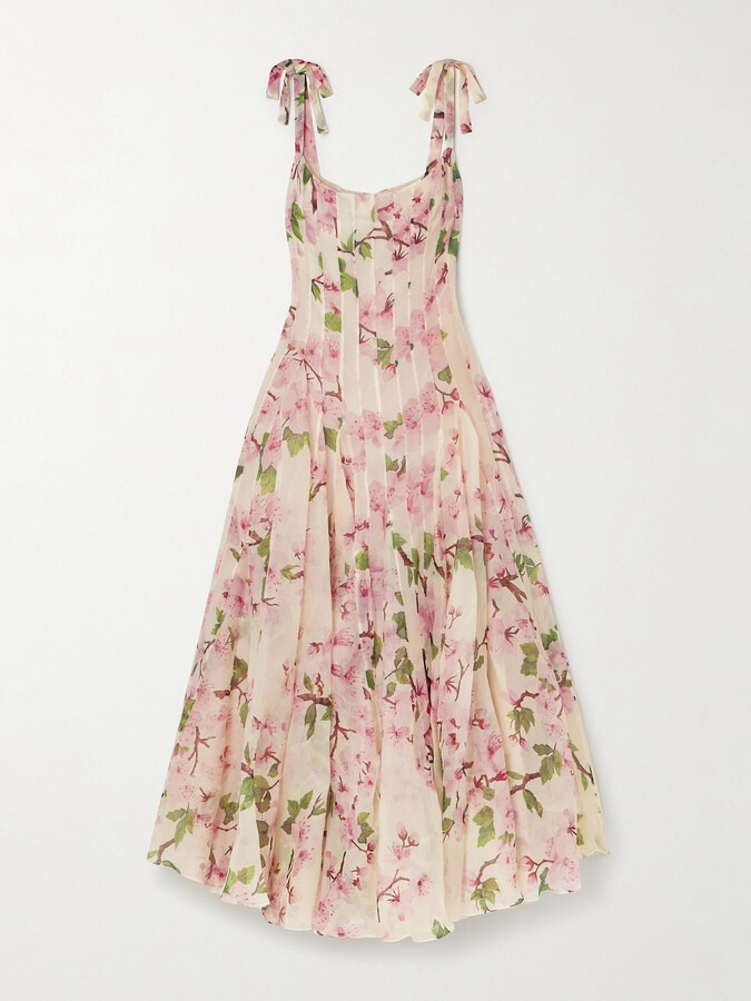 Oscar de la Renta - Pleated Floral-print Silk-blend Organza Gown - Neutrals