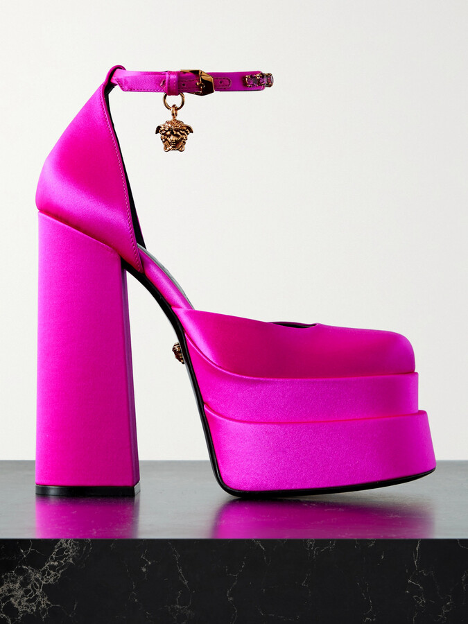 Versace Medusa Aevitas Embellished Satin Platform Pumps Fuchsia