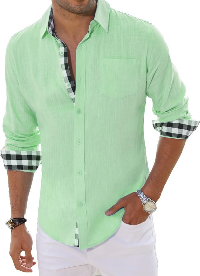 COOFANDY Men's Casual Linen Dress Shirt Plaid Collar Long Sleeve Button