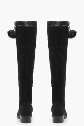boohoo Wide Fit Pom Trim Over Knee Boots