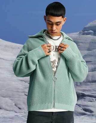 ASOS DESIGN knitted oversized fisherman rib zip through jumper in mint